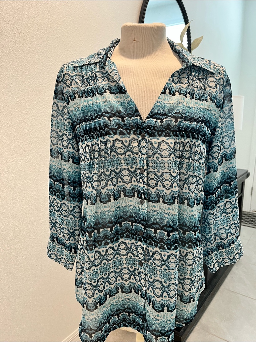 Vintage America Teal, Navy & White Patterned Button-Down Shirt